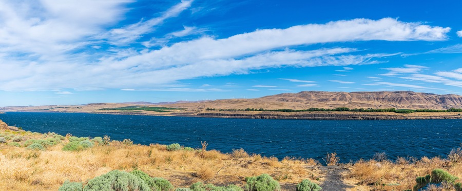 Panorama of a Windy Columbia River near Arlington, Oregon, USA Looking West Down-River