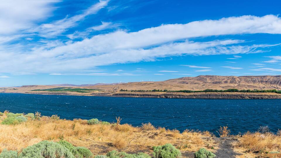 Panorama of a Windy Columbia River near Arlington, Oregon, USA Looking West Down-River