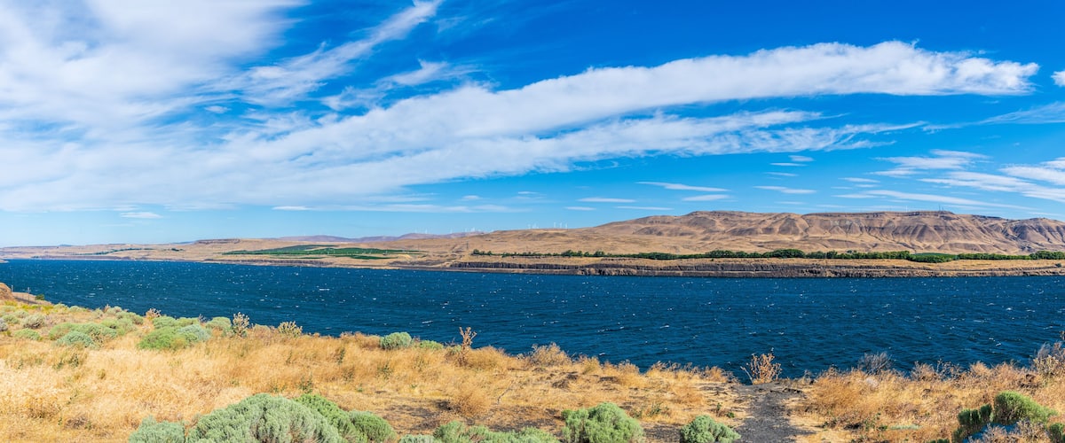 A coastal landscape with a clear blue sky, a large body of water, and distant mountains.