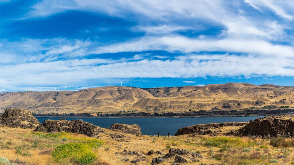 Panorama of the Arid Goodnoe Hills of Washington State, USA, Across a Windy Columbia River near Arlington, Oregon, USA