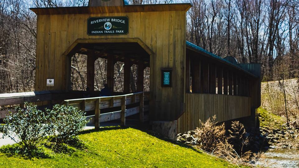 Ashtabula, Ohio, USA - 4-16-22: The Riverview Covered Bridge in a local park