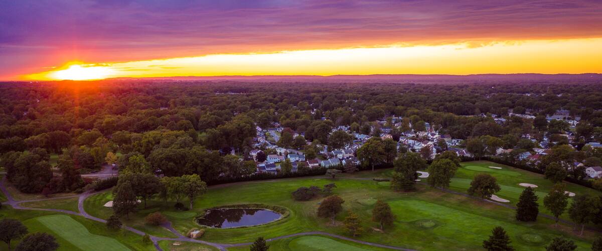Aerial Sunset Over Golf Course in Woodbridge New Jersey