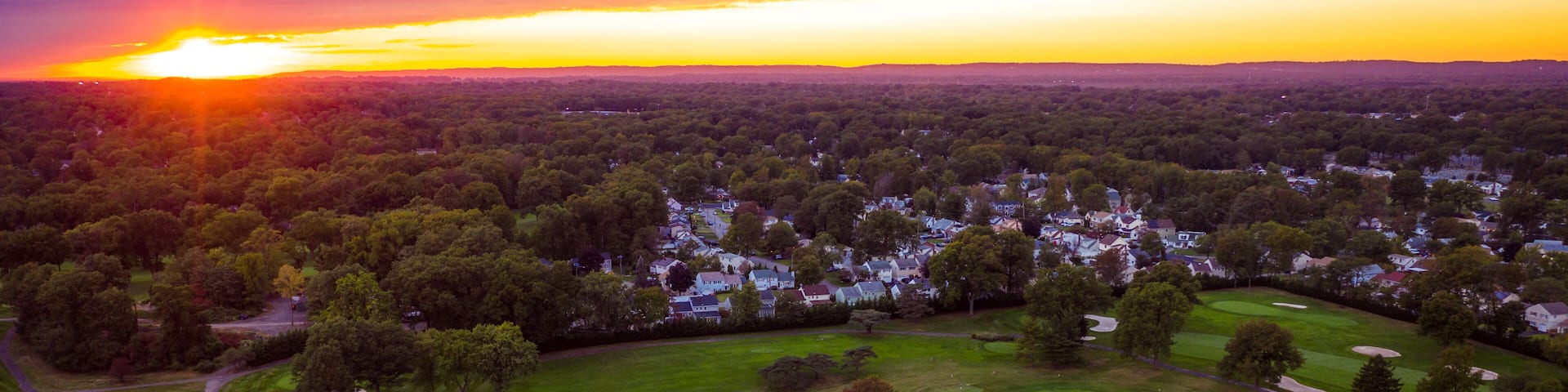 Aerial Sunset Over Golf Course in Woodbridge New Jersey