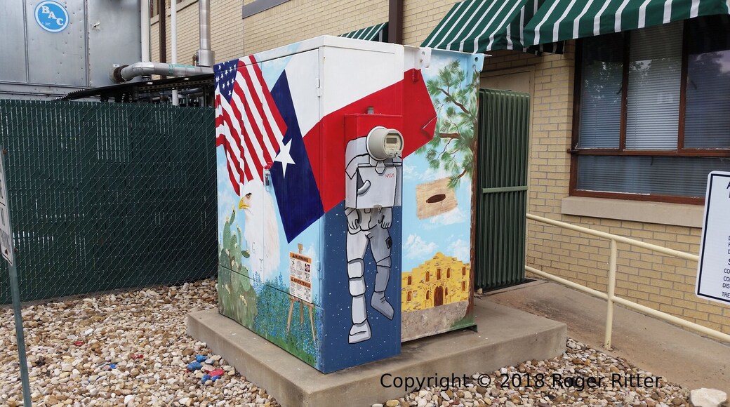 A painted utility box outside the Bastrop County courthouse in Bastrop, Texas.