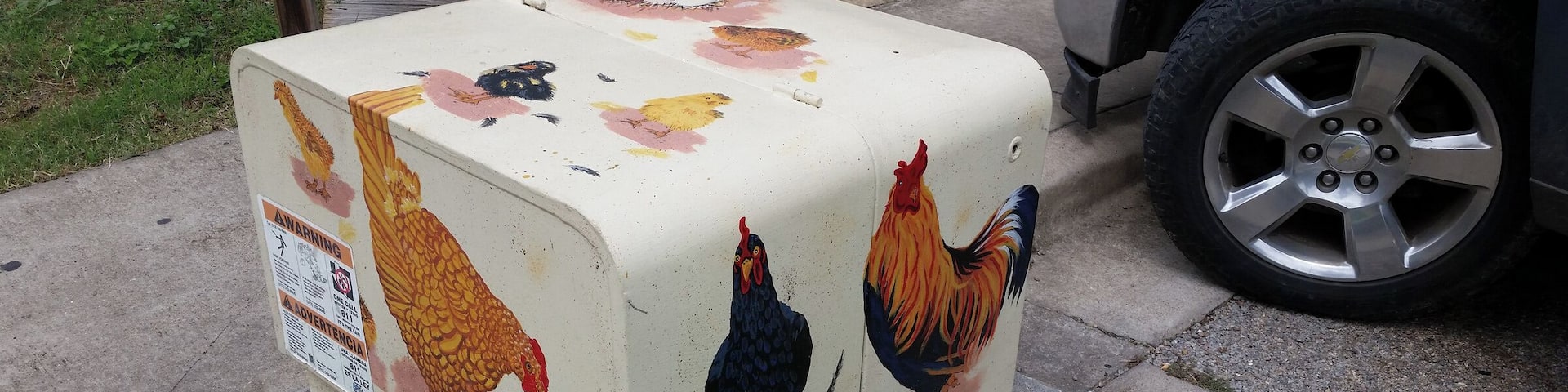 A utility box painted in a chicken motif in Bastrop, Texas. Part of Bastrop's "Art in Public" project.