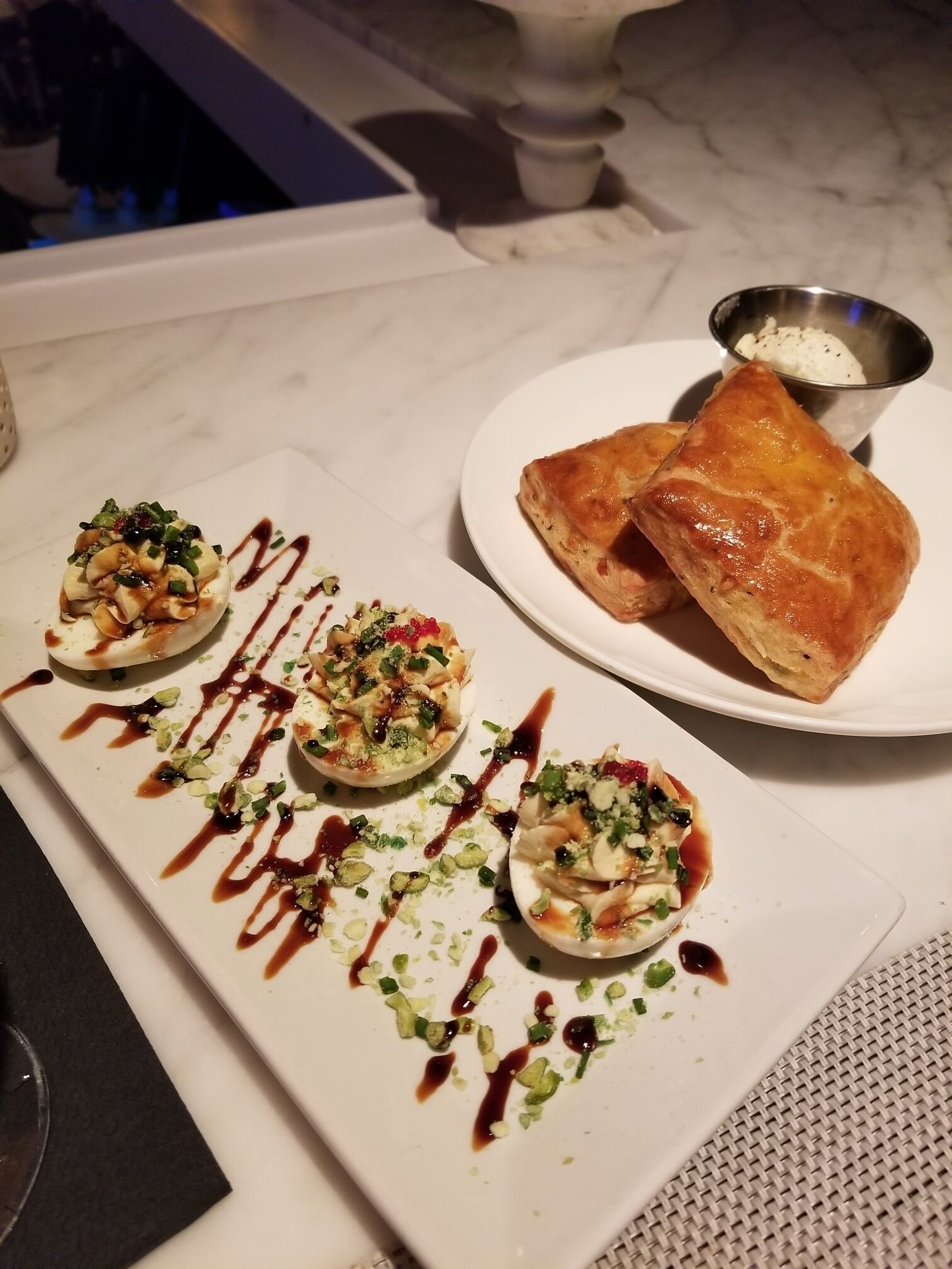 Spiced deviled eggs with wasabi peas and tarragon biscuits for a great start. 