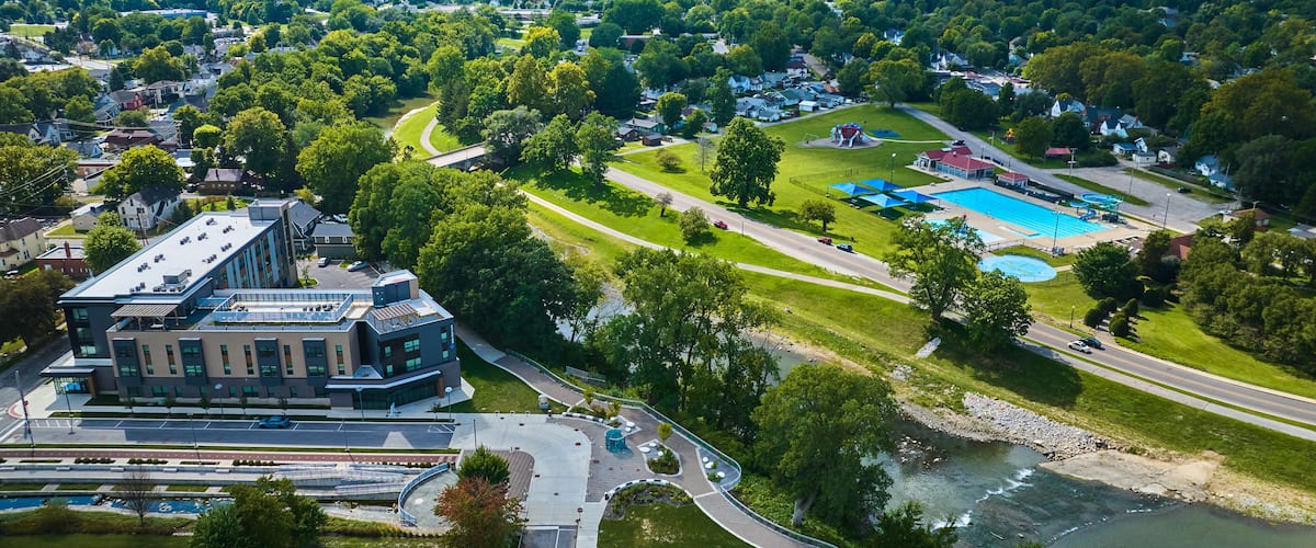 Apartment complex, Muncie, IN with Tuhey Pool on opposite side of White River aerial