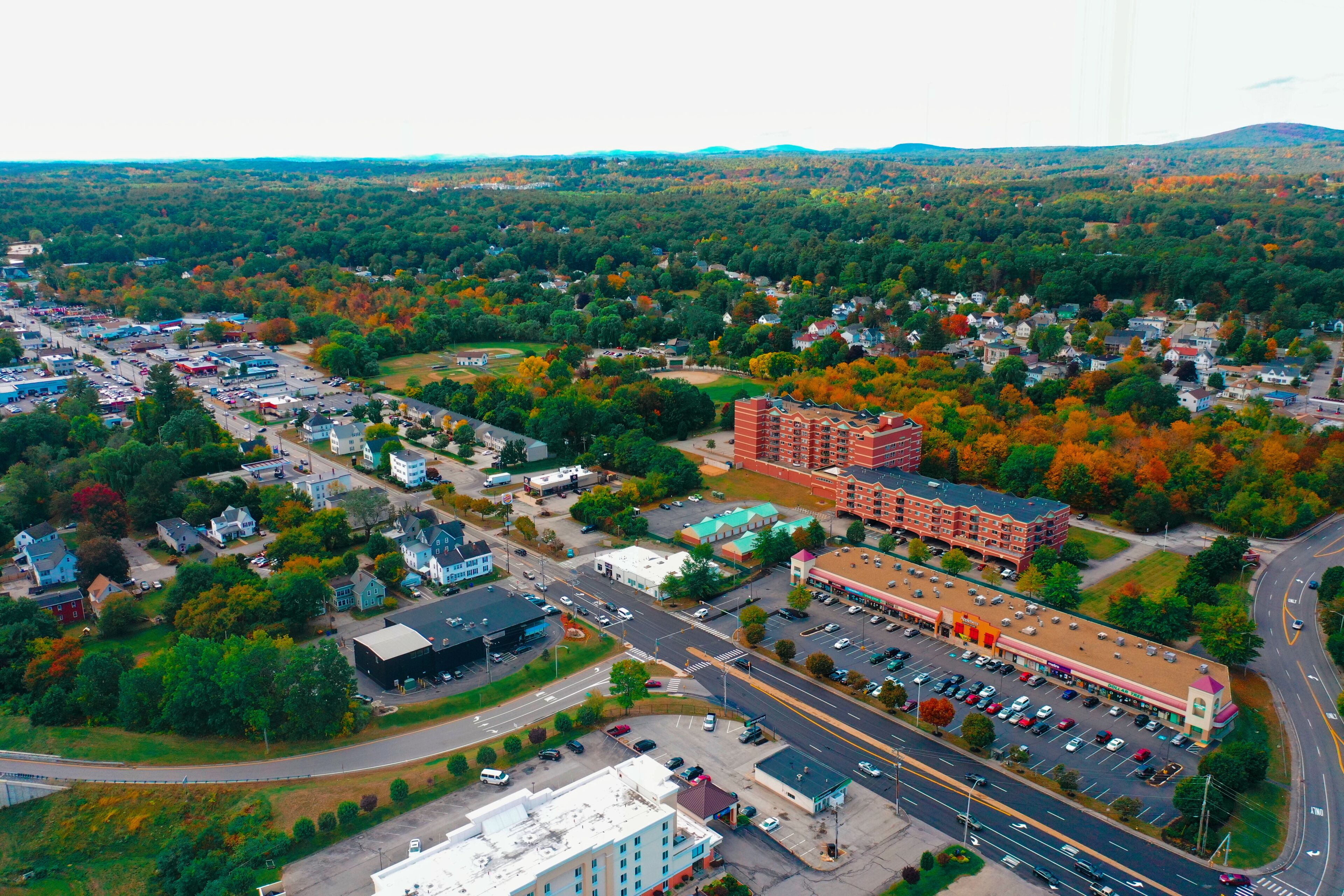 Aerial Drone Photography Of Downtown Bedford, NH (New Hampshire) During The Fall Foliage Season
