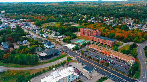 Aerial Drone Photography Of Downtown Bedford, NH (New Hampshire) During The Fall Foliage Season