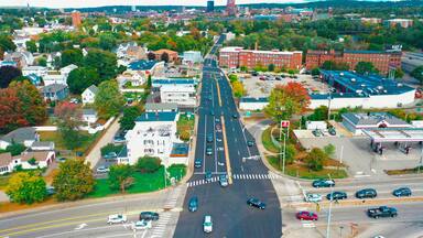 Aerial Drone Photography Of Downtown Bedford, NH (New Hampshire) During The Fall Foliage Season