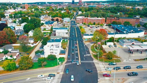 Aerial Drone Photography Of Downtown Bedford, NH (New Hampshire) During The Fall Foliage Season