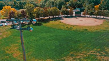 Aerial Drone Photography Of A Baseball Field In Downtown Bedford, NH (New Hampshire) During The Fall Foliage Season