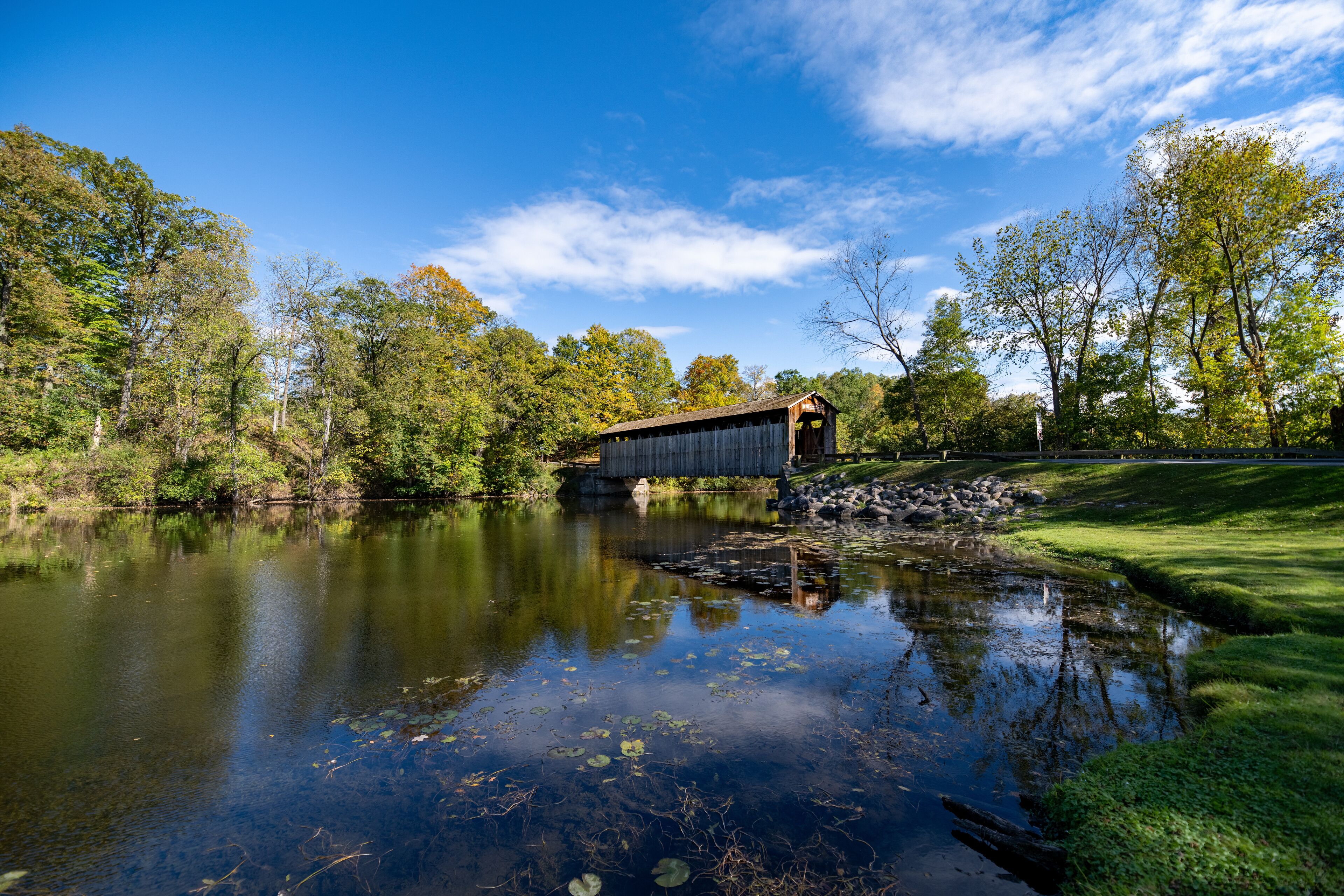 Fallasburg Covered Bridge over the Flat River in Fallasburg Village County Park in Lowell, MI