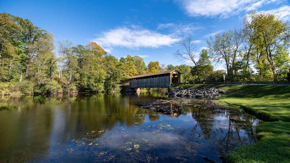 Fallasburg Covered Bridge over the Flat River in Fallasburg Village County Park in Lowell, MI