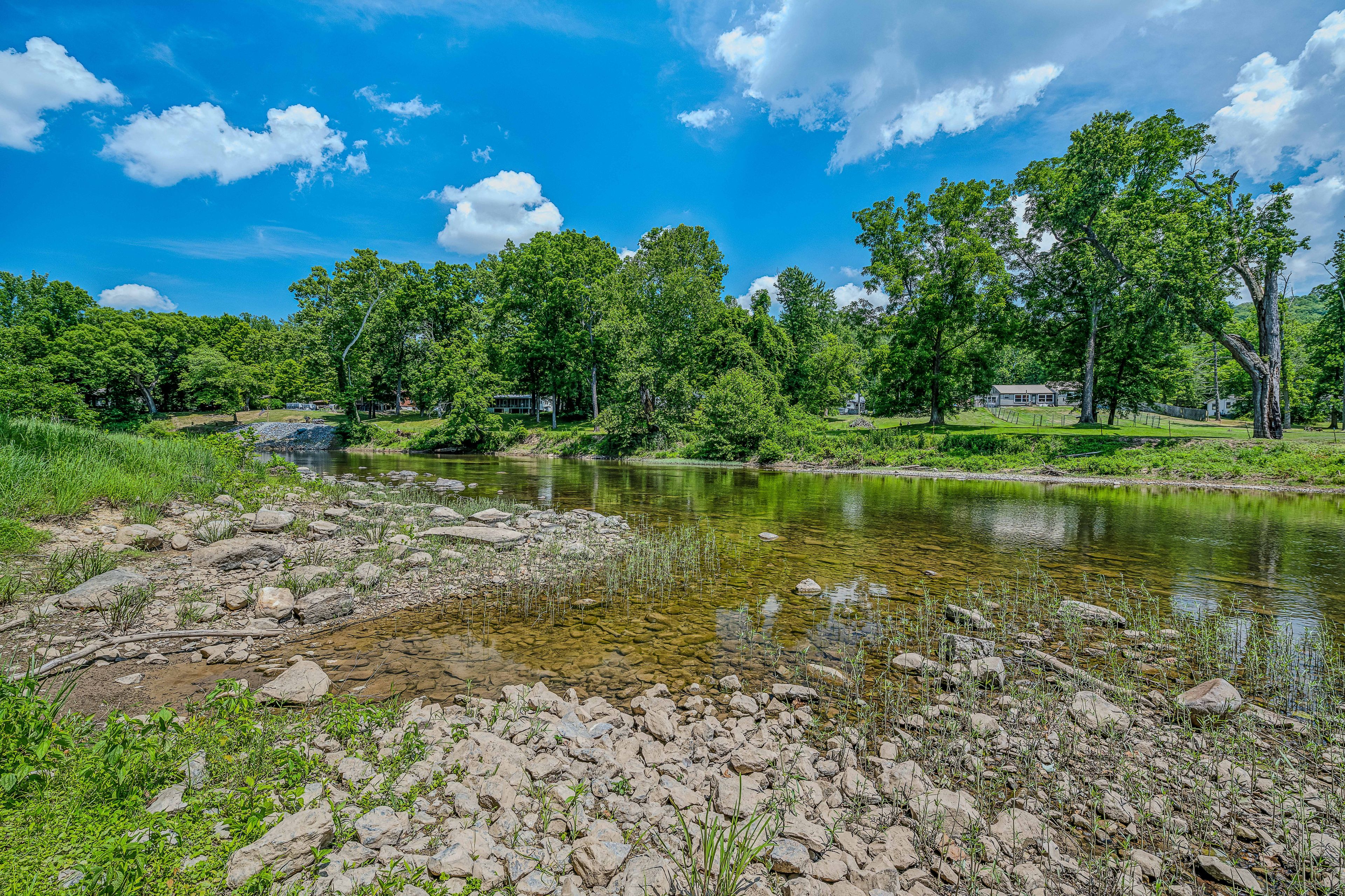 A river with clear water, surrounded by lush green trees and a rocky riverbank.