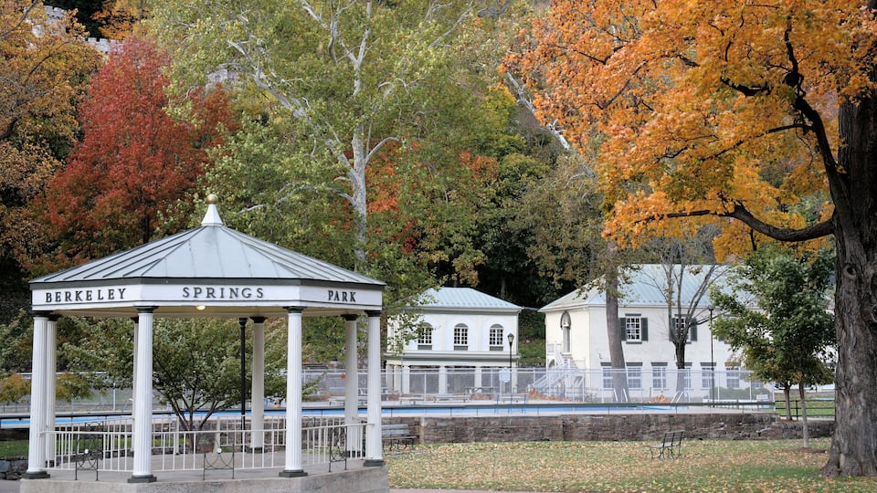Bandstand and bathhouses in Berkeley Springs State Park in West Virginia