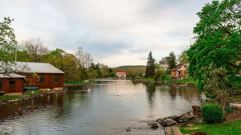 A river with ducks, a wooden building, and a house with a red roof.