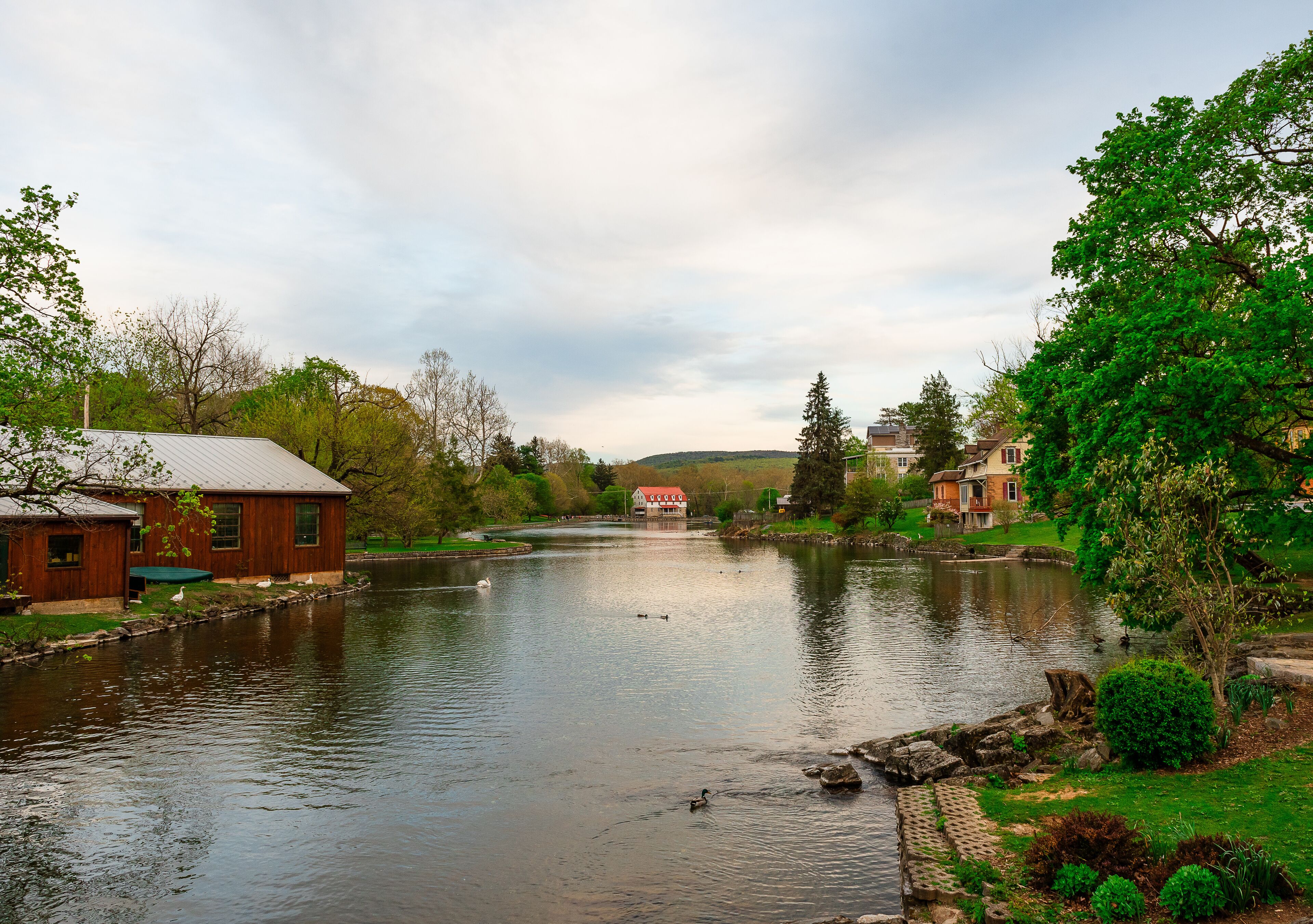 A river with ducks, a wooden building, and a house with a red roof.