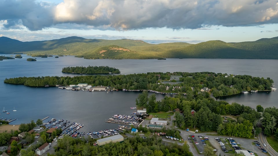August 20 2024, Sunny afternoon summer aerial image of the area surrounding Bolton Landing, NY, USA and Lake George.