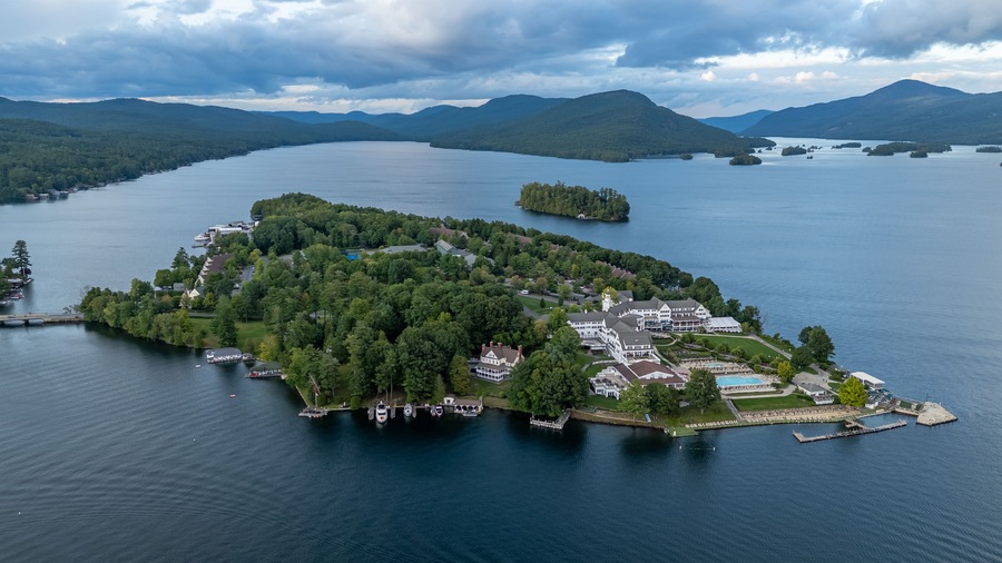 August 20 2024, Sunny afternoon summer aerial image of the area surrounding Bolton Landing, NY, USA and Lake George.