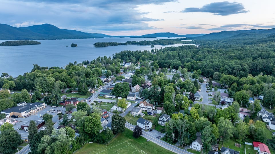 August 20 2024, Sunny afternoon summer aerial image of the area surrounding Bolton Landing, NY, USA and Lake George.