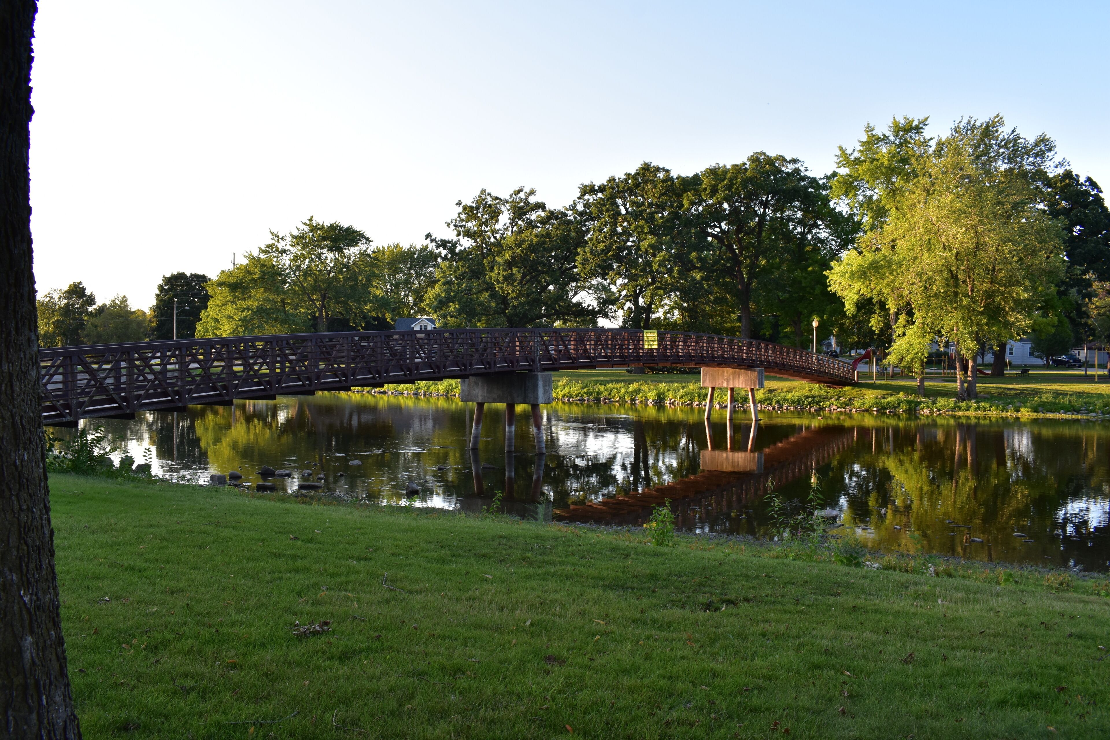 Serene View at Riverside Park, Bridge on Fox River in Burlington, WI