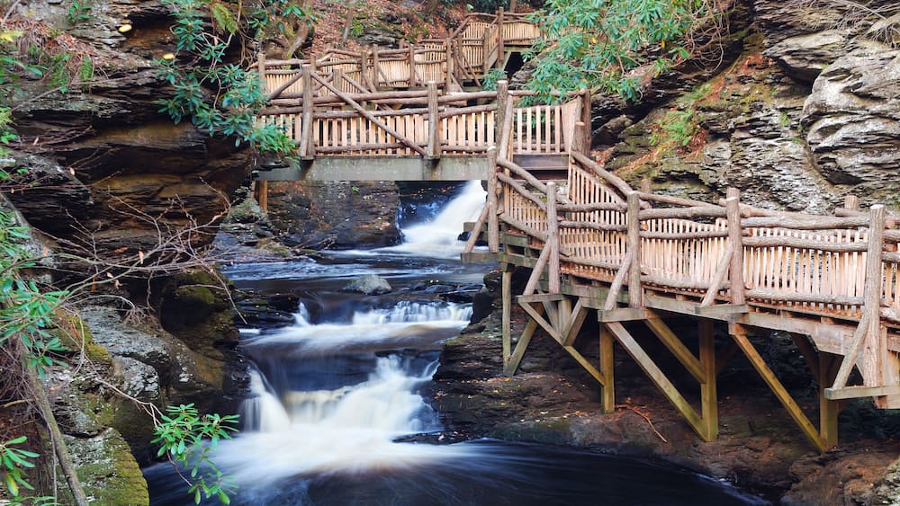 Autumn creek with hiking trails and foliage in forest. From Bushkill Falls, Pennsylvania