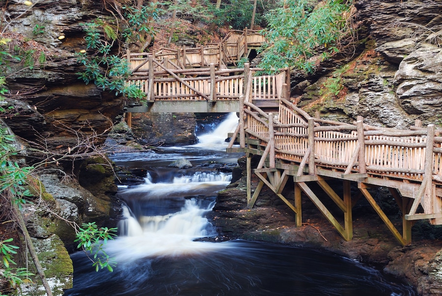 Autumn creek with hiking trails and foliage in forest. From Bushkill Falls, Pennsylvania