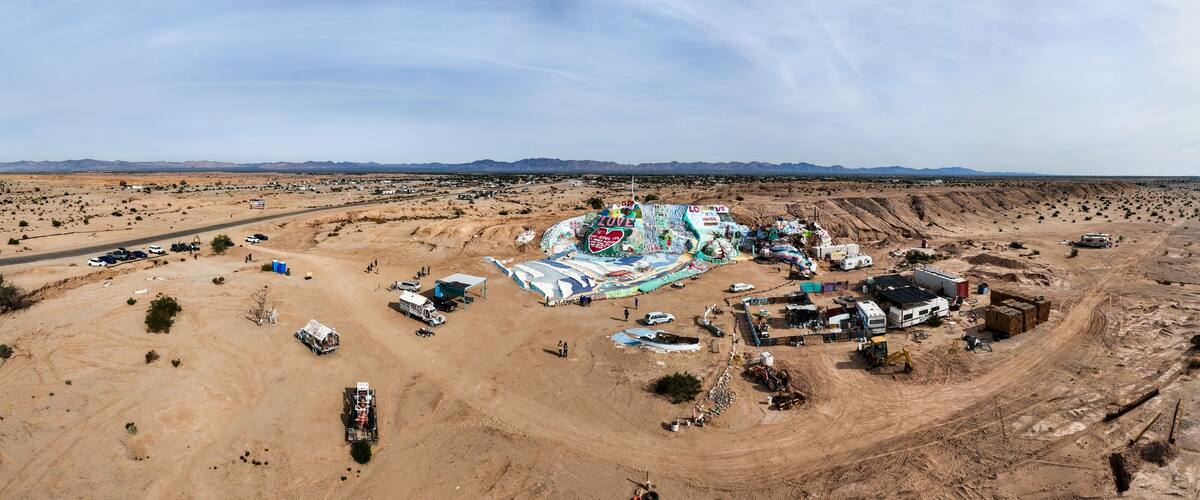 The Famous Salvation Mountain near the Salton Sea looking at a UAV Drone Aerial View of the location