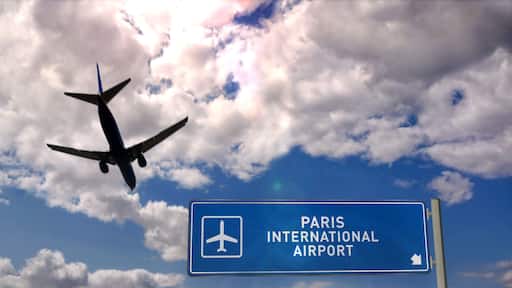 Plane landing in Paris France with signboard