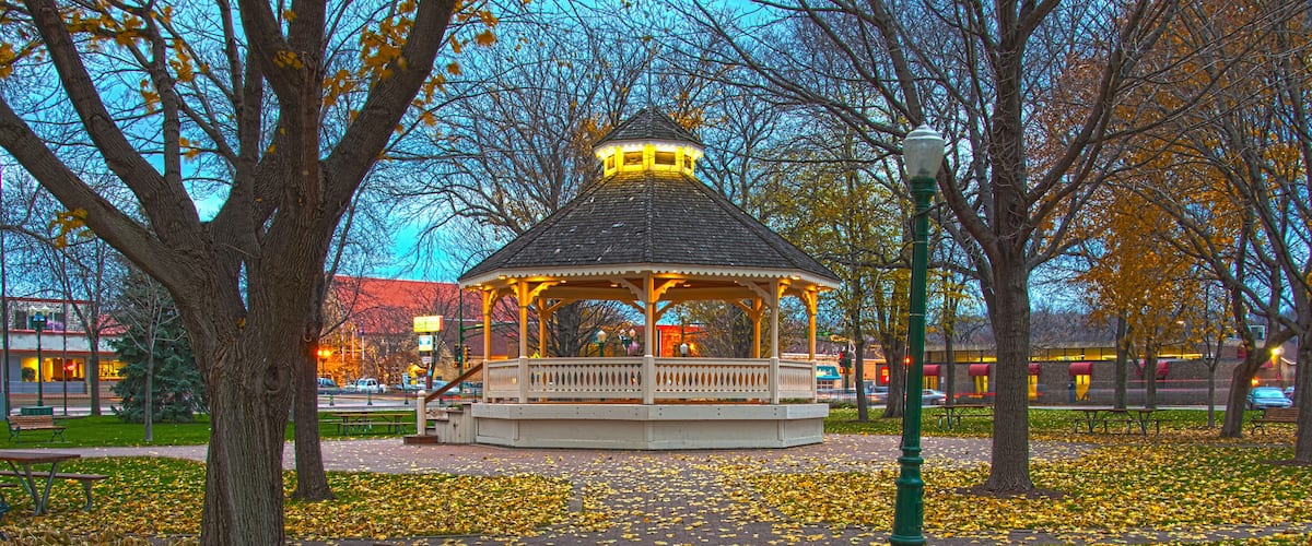 A gazebo in a park with fallen leaves and trees.