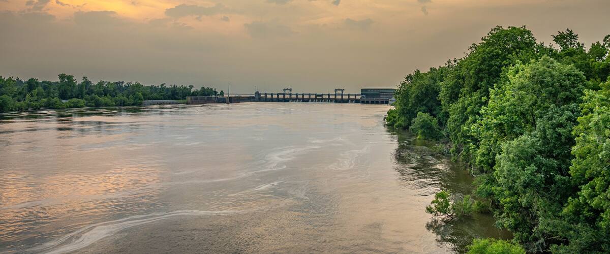 A river with a bridge, dense greenery, and a cloudy sky.