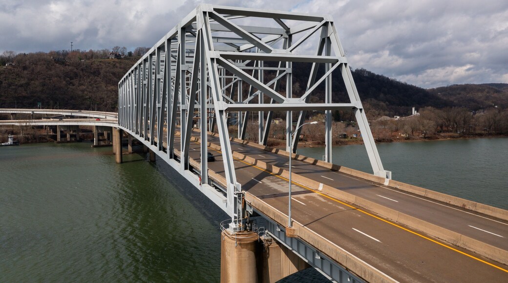 Aerial of Jennings Randolph Memorial Bridge - US Route 30 - Ohio River - East Liverpool, Ohio & Chester, West Virginia