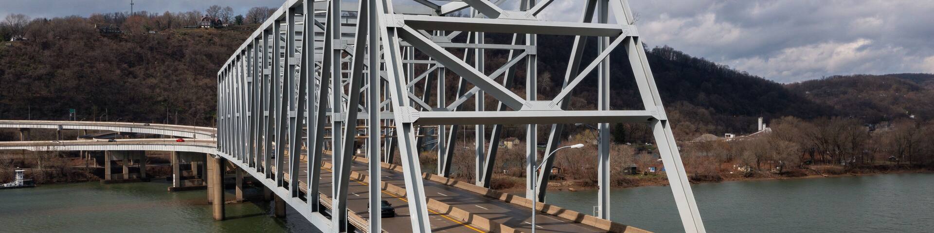 Aerial of Jennings Randolph Memorial Bridge - US Route 30 - Ohio River - East Liverpool, Ohio & Chester, West Virginia