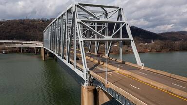 Aerial of Jennings Randolph Memorial Bridge - US Route 30 - Ohio River - East Liverpool, Ohio & Chester, West Virginia