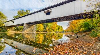 A covered bridge over a calm river with autumn leaves on the ground.
