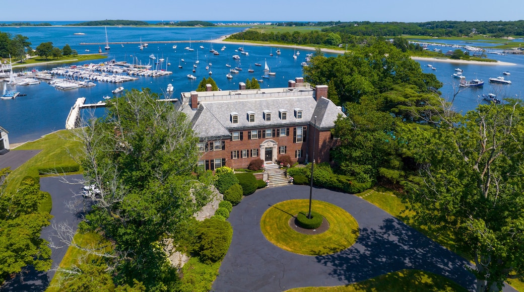 The Oaks historic waterfront mansion aerial view at 49 Margin Street at Cohasset Cove in town of Cohasset, Massachusetts MA, USA.