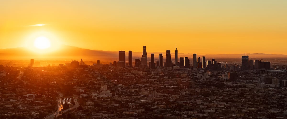 Aerial Panorama American view of sunrise Los Angeles