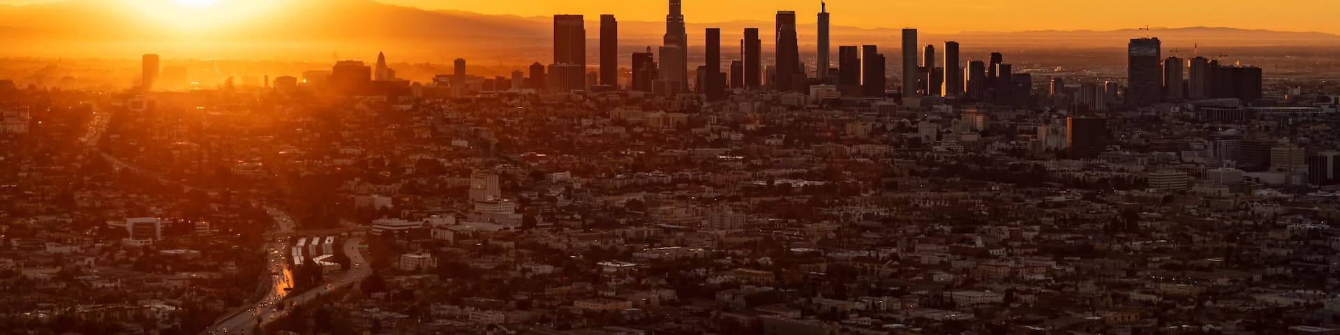 Aerial Panorama American view of sunrise Los Angeles