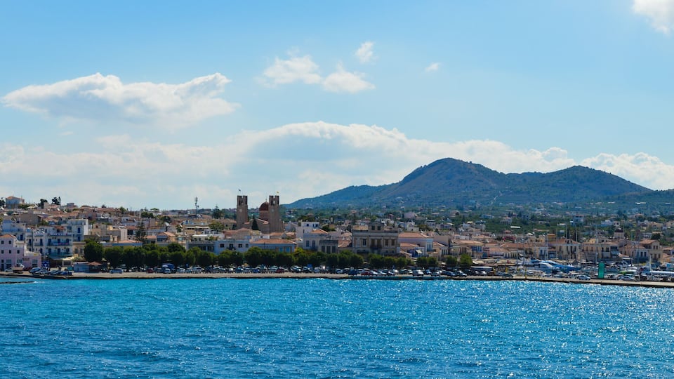 Panoramic view of Aegina port in Aegina island, Greece on June 19, 2017