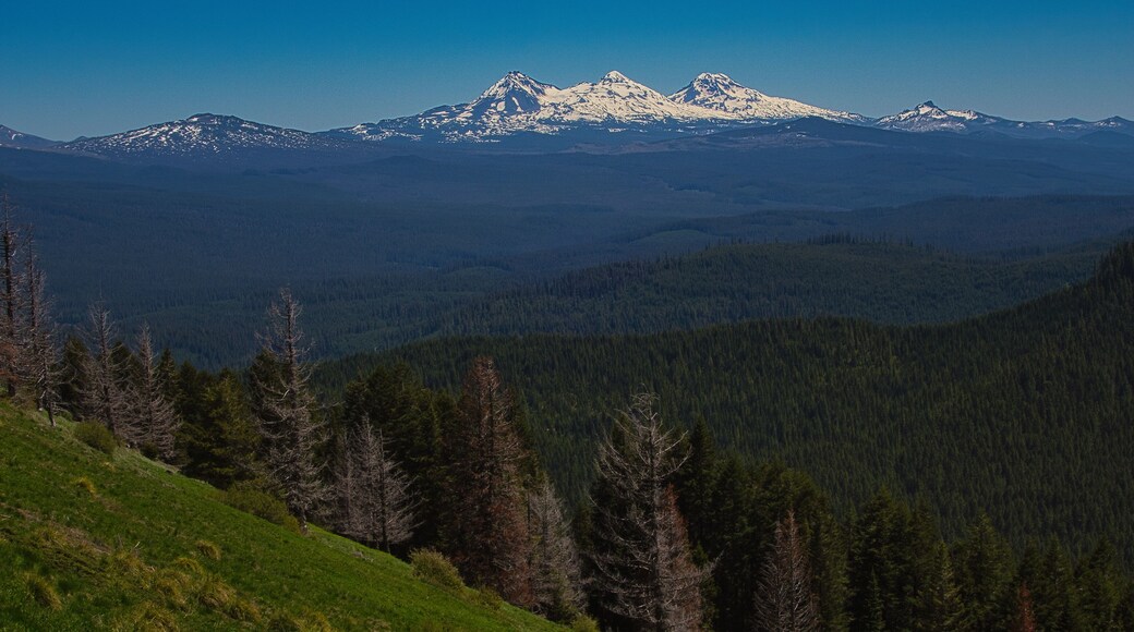 Amazing view of Three Sisters in Oregon Cascades from Crescent Mountain on a wonderful summer day hike