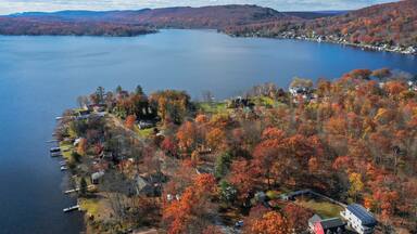 Culvers Lake Frankford NJ on a sunny autumn day with fall foliage aerial