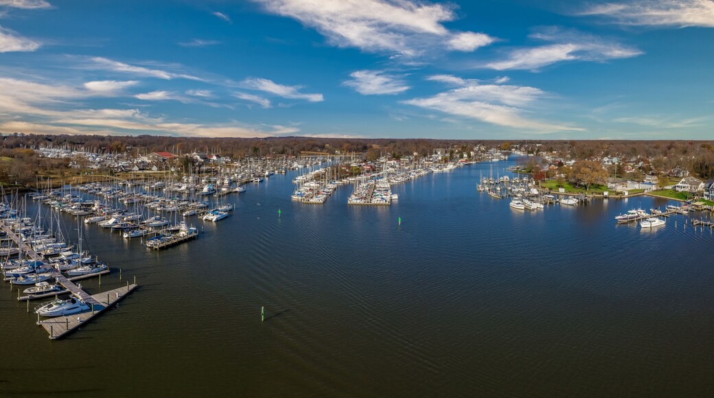 Scenic aerial panorama of Deale waterfront fishing village on the Western Shore of Chesapeake Bay Maryland, popular with boaters. Four tidal creeks Rockhold, Broadwater, Carrs , Parker flow into bay