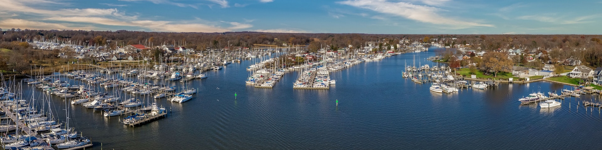 Scenic aerial panorama of Deale waterfront fishing village on the Western Shore of Chesapeake Bay Maryland, popular with boaters. Four tidal creeks Rockhold, Broadwater, Carrs , Parker flow into bay