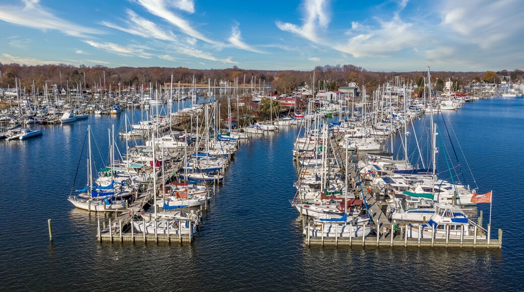 Scenic aerial panorama of Deale waterfront docks on the Western Shore of Chesapeake Bay Maryland, dozens of luxury sailboats docking in the marina.