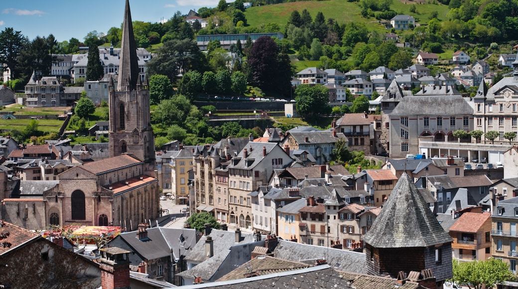 A historic town with a prominent church tower, dense residential buildings, and rolling hills in the background.