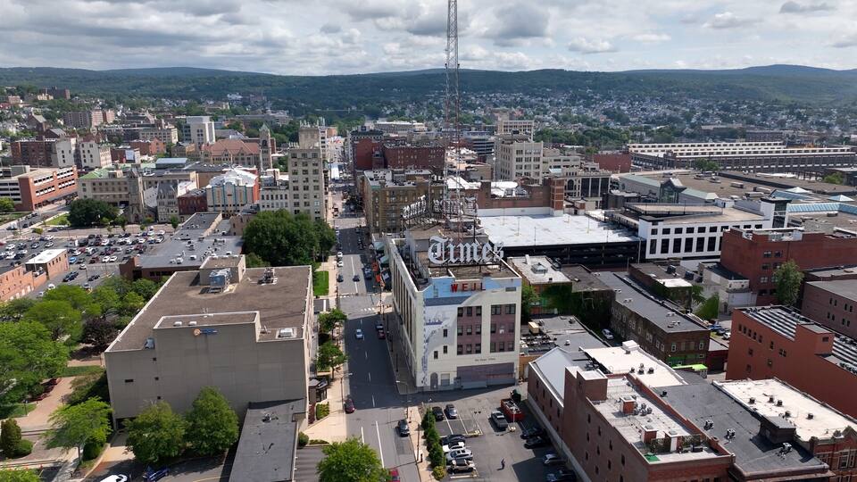 Downtown Scranton, Pennsylvania city skyline with office buildings and city streets where residents live and work known for Steamtown National Historic Site