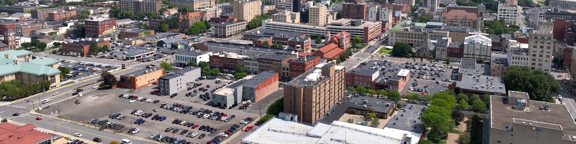 Downtown Scranton, Pennsylvania city skyline with office buildings and city streets where residents live and work known for Steamtown National Historic Site