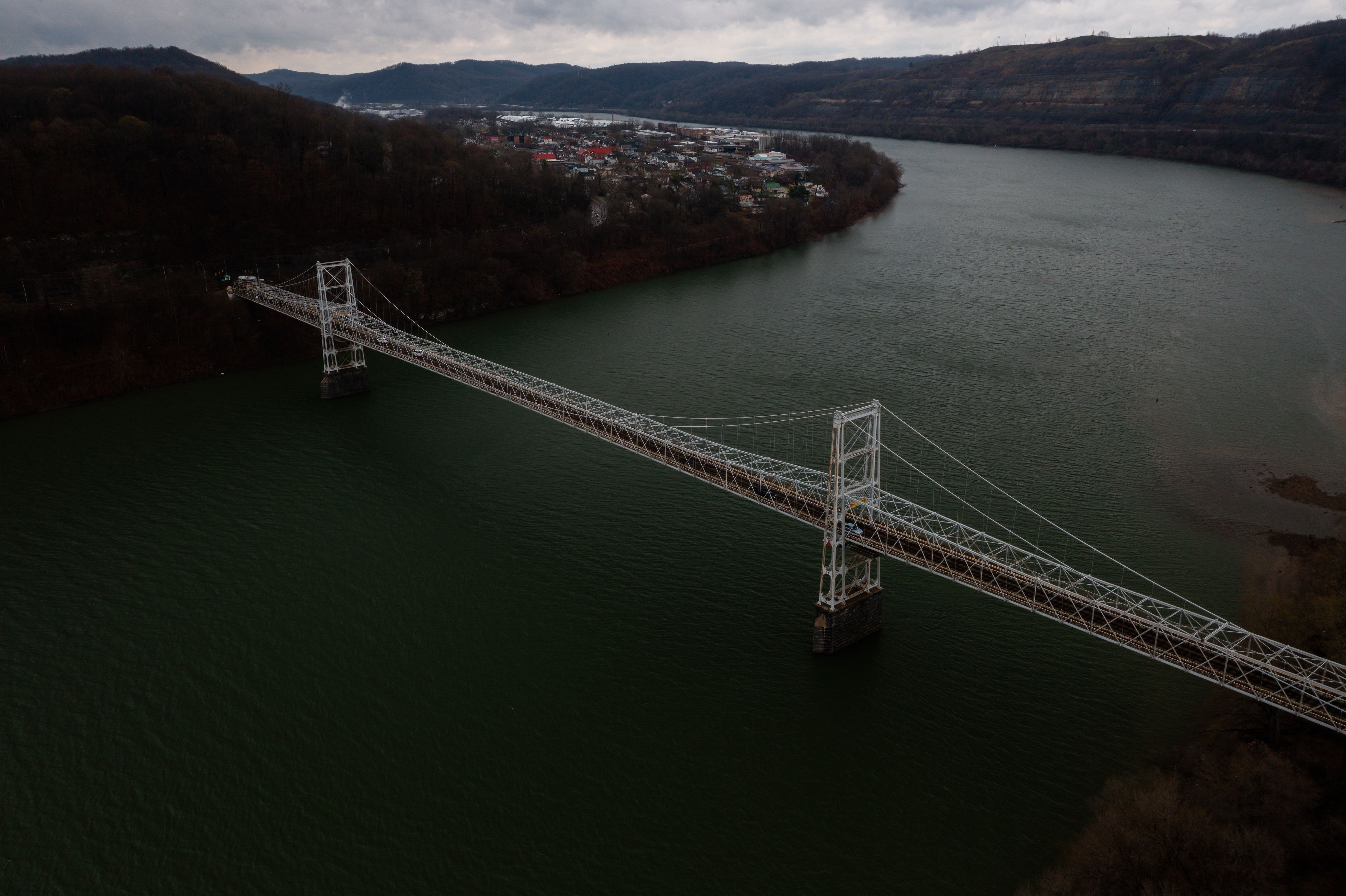 Aerial of Historic Newell Toll Suspension Bridge - Ohio River - East Liverpool, Ohio & Chester, West Virginia