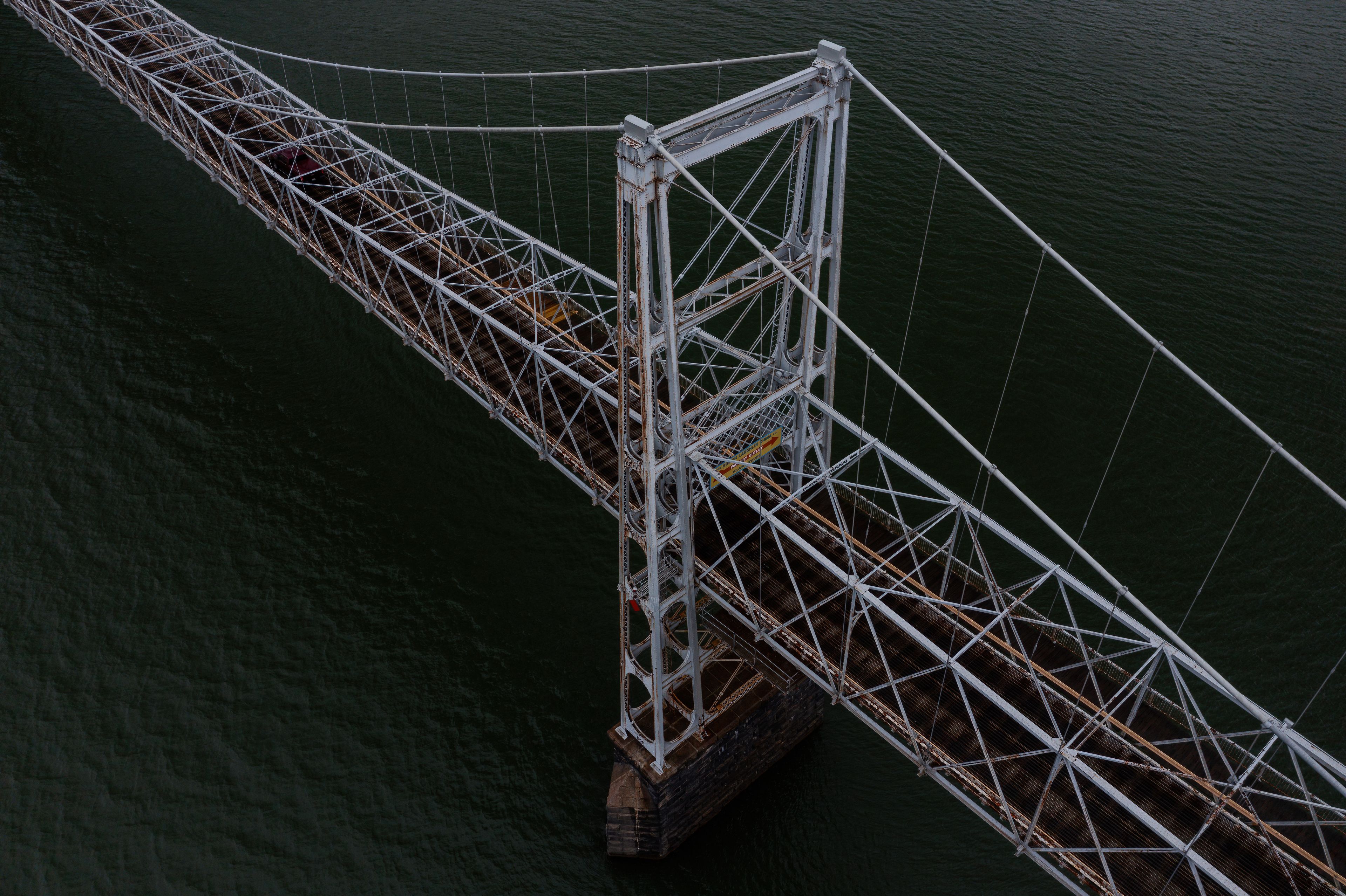 Aerial of Historic Newell Toll Suspension Bridge - Ohio River - East Liverpool, Ohio & Chester, West Virginia
